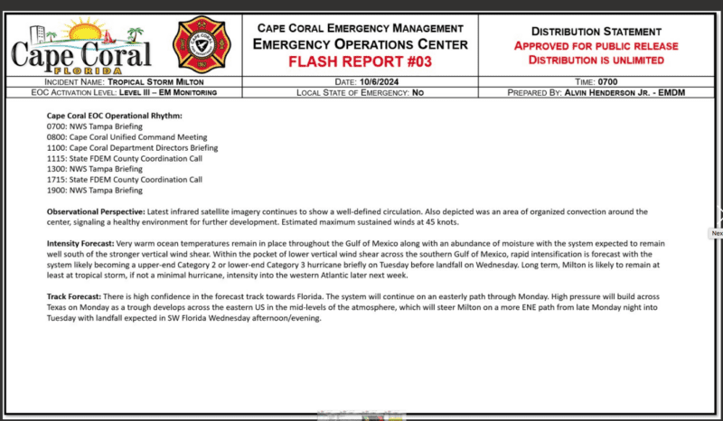 City of Cape Coral Flash Report 3, 7 a.m. Sunday